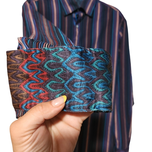 VISCONTI Shirt Mens Large Multicolor Stripe Cotton Contrast Cuffs Modern Western - Picture 4 of 11
